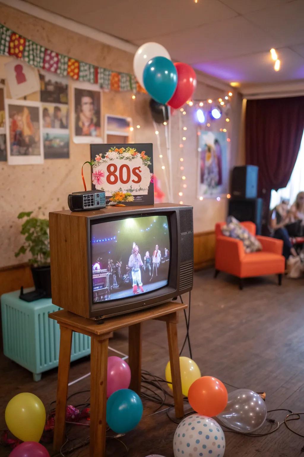 A vintage display screen adds an authentic touch to your 80s theme celebration.