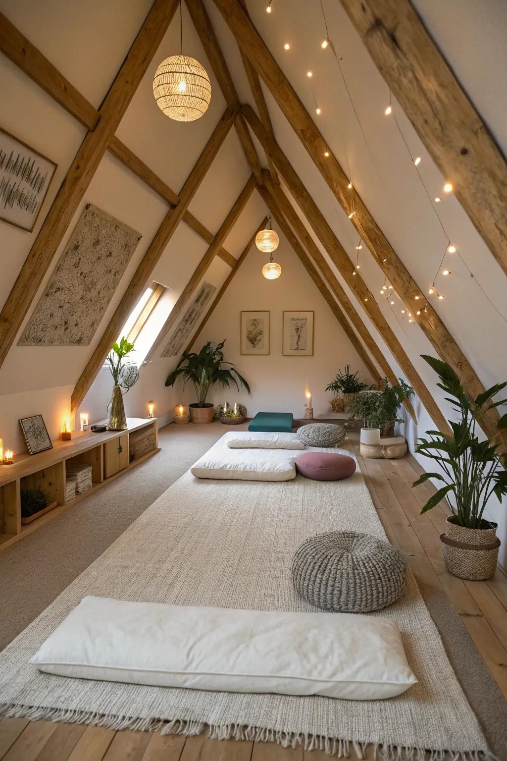 A calming meditation haven within your attic offers a peaceful sanctuary.
