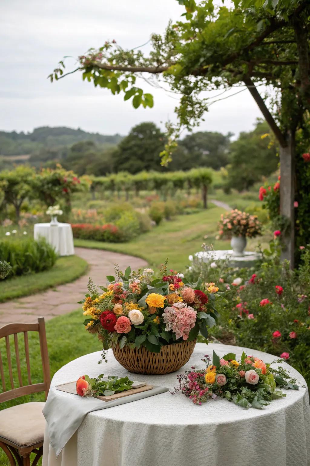 In-season blooms add authenticity to a garden party.