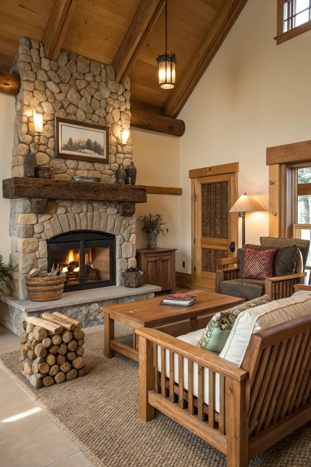 Country timber features bring warmth and natural beauty above the fireplace.