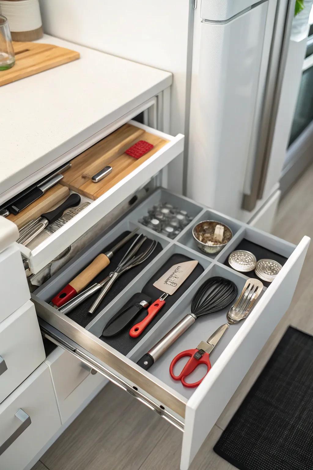A pull-out drawer above the fridge offers convenient storage.