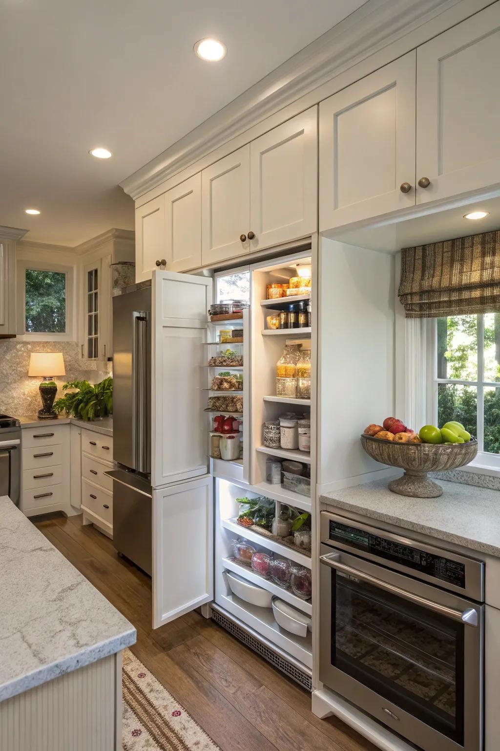 Compact cabinetry offers unobtrusive storage above the refrigerator.