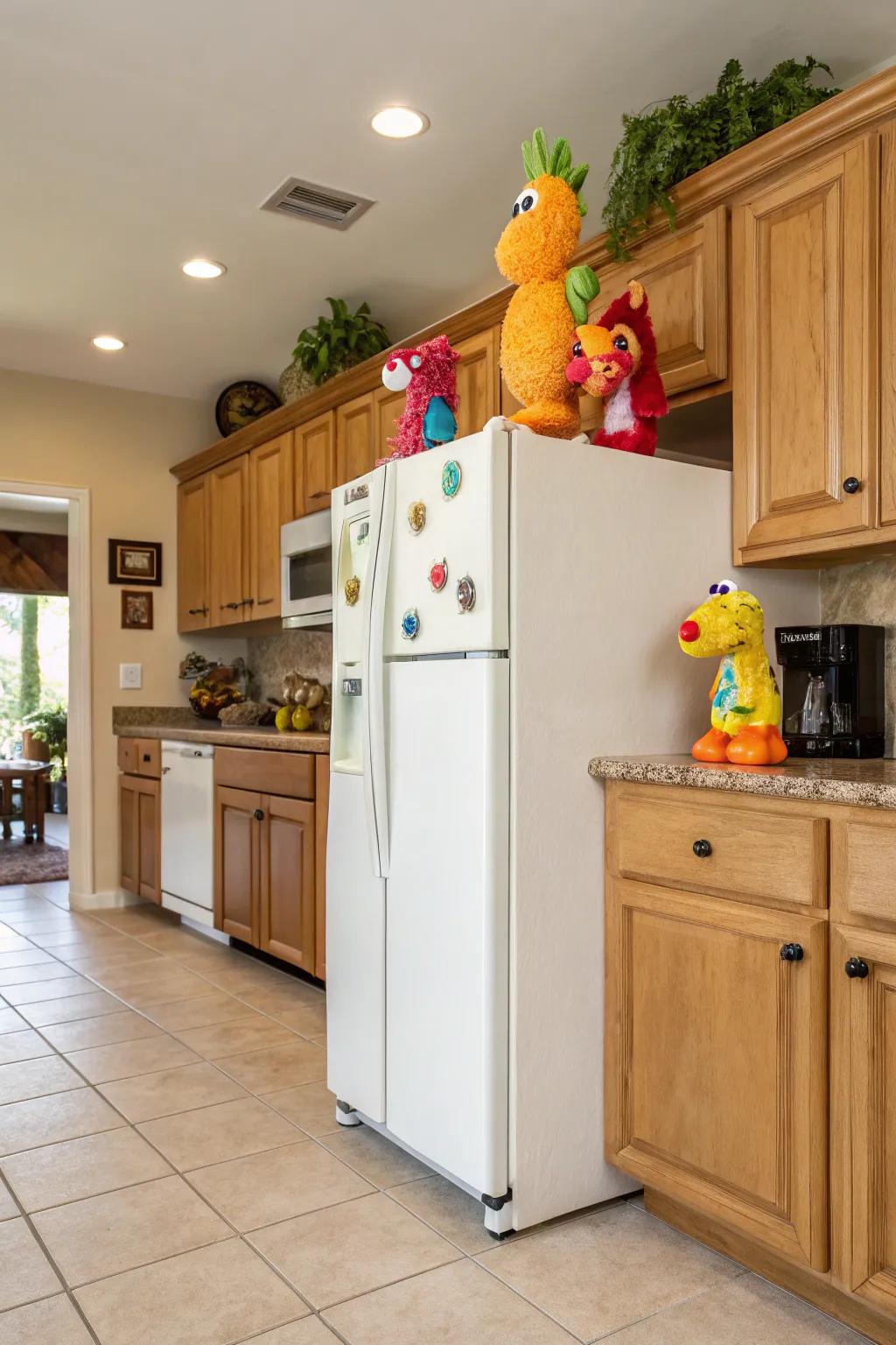 Figurines add a pop of colour and whimsy above the fridge.