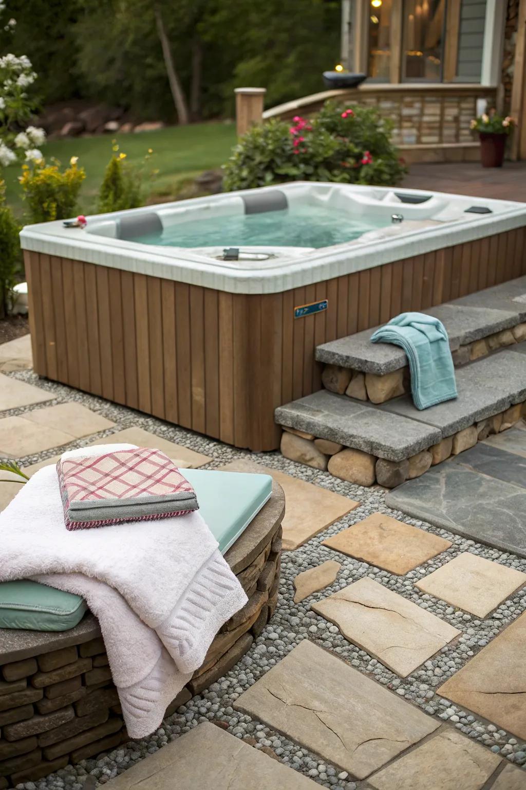 Mixing textures injects sophistication to your hot tub section.