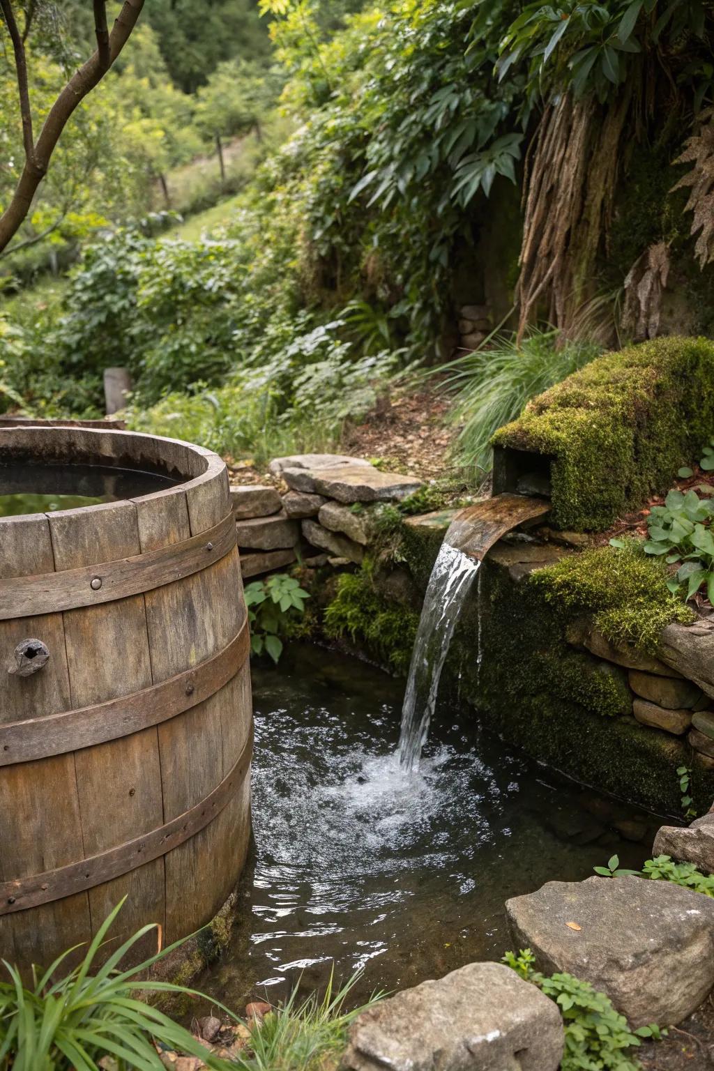 A wood container pond adds rustic charm with its unique design.