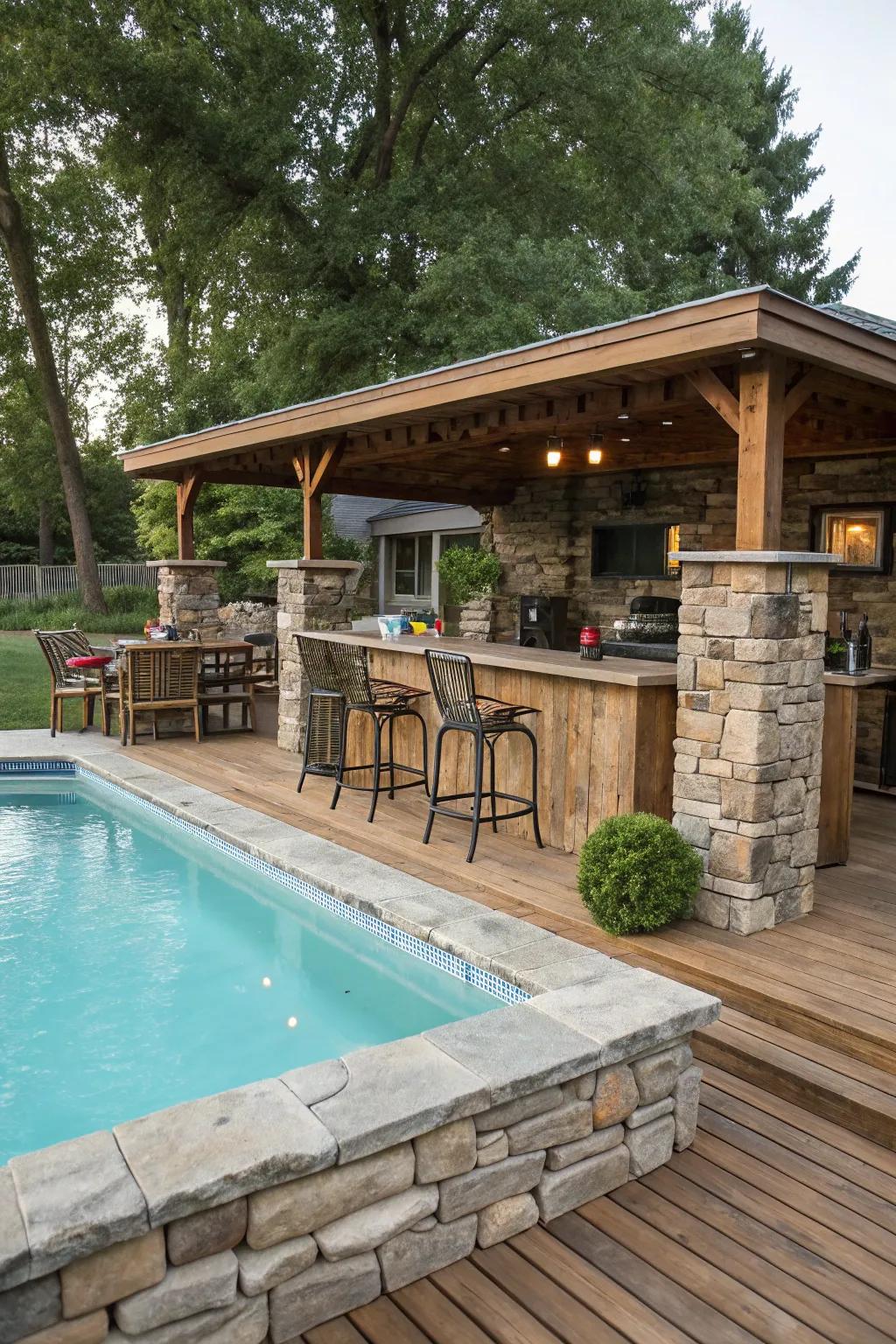 Stone elements bring rustic charm to your poolside bar.