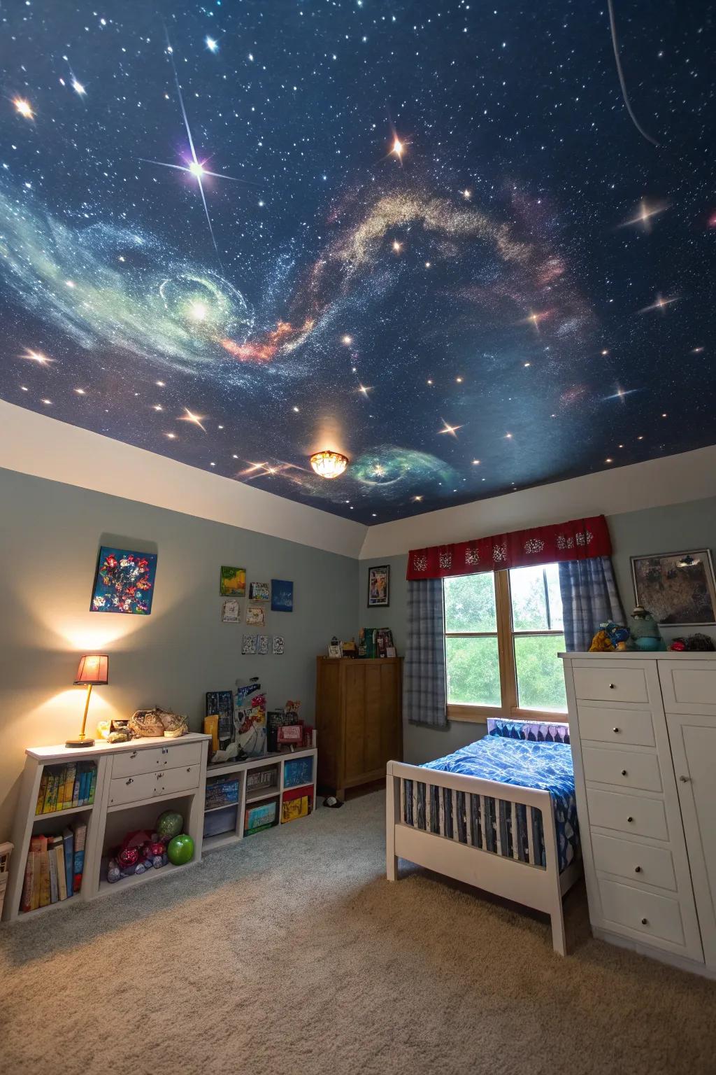 A starry night sky mural turns this ceiling into a captivating feature.