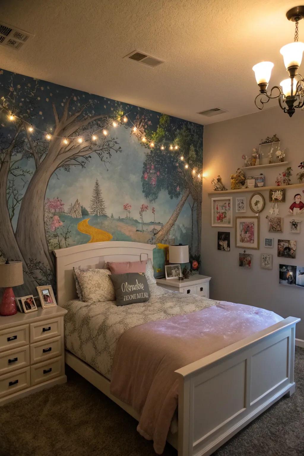 A custom artwork on the feature wall adds a personal and artistic touch to the bedroom.