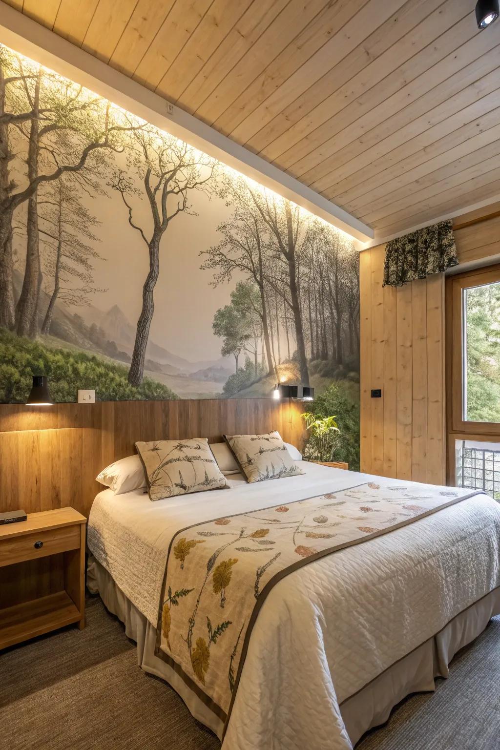 A bedroom featuring a natural mural accent wall bringing the outdoors in.