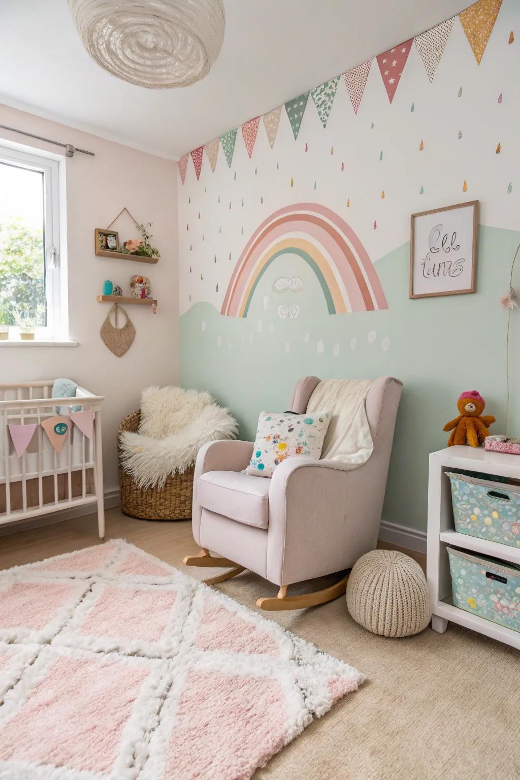 A nursery featuring a pastel-colored accent wall for a soothing ambiance.