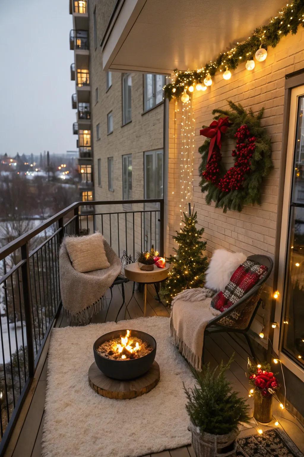 A fire pit contributes warmth and comfort to this festive balcony.