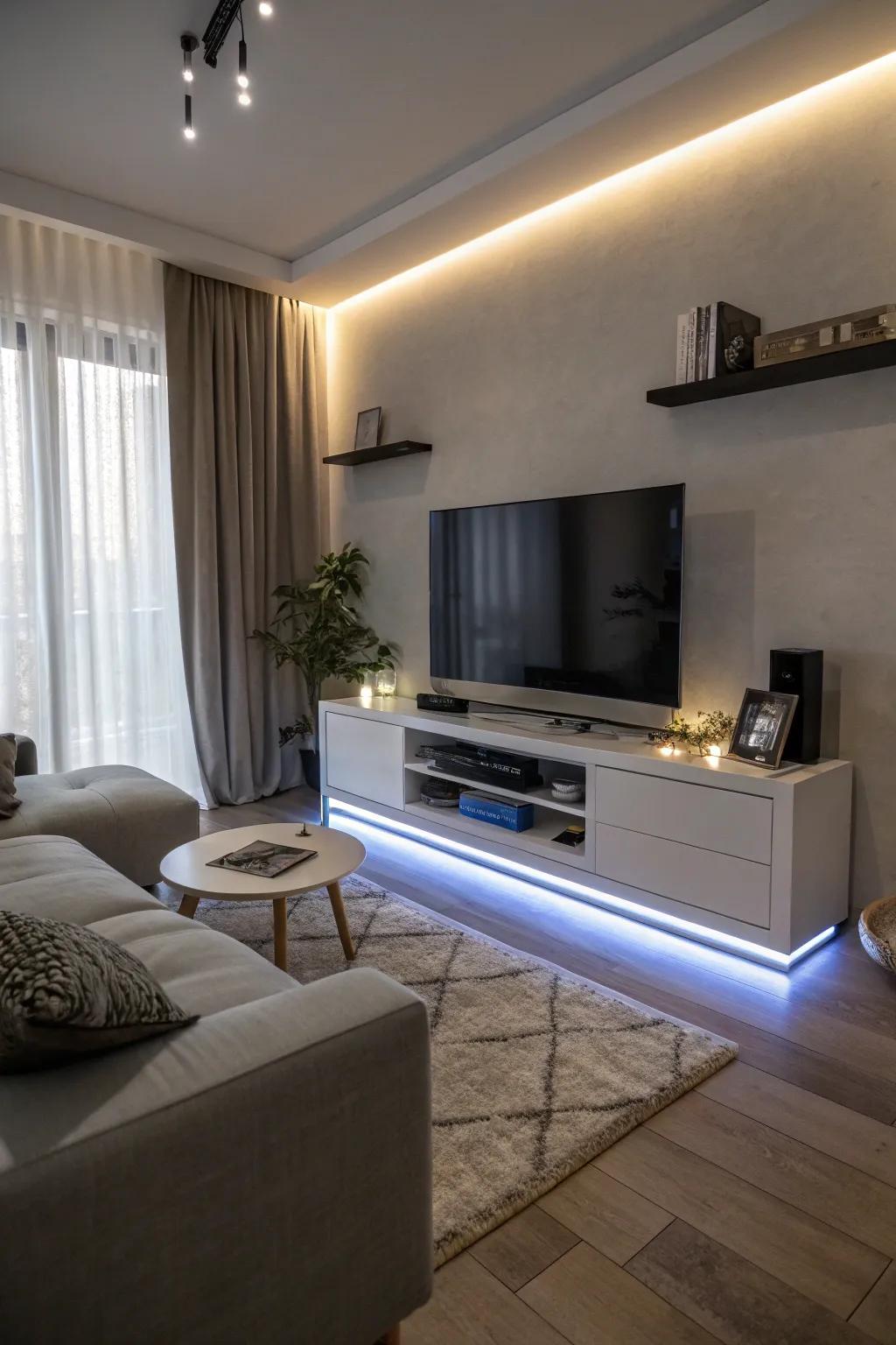 A living area featuring LED strips, which enhance the TV stand’s modern style.