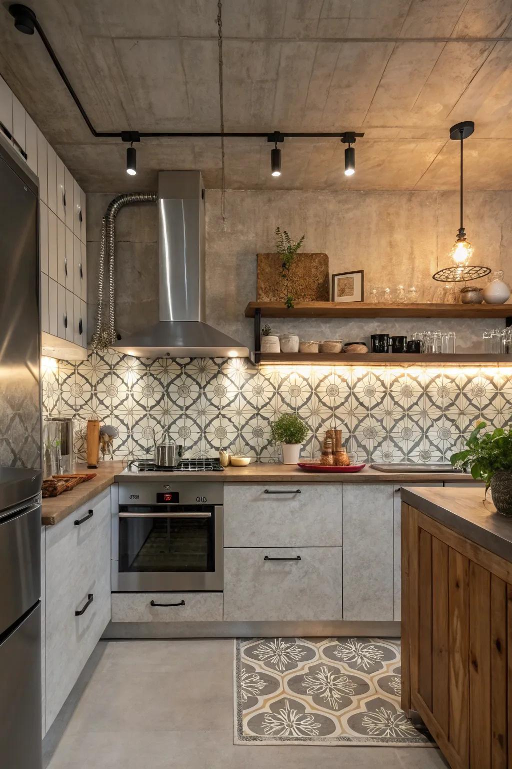 An industrial-style kitchen with a unique blend of arabesque tiles and concrete elements.