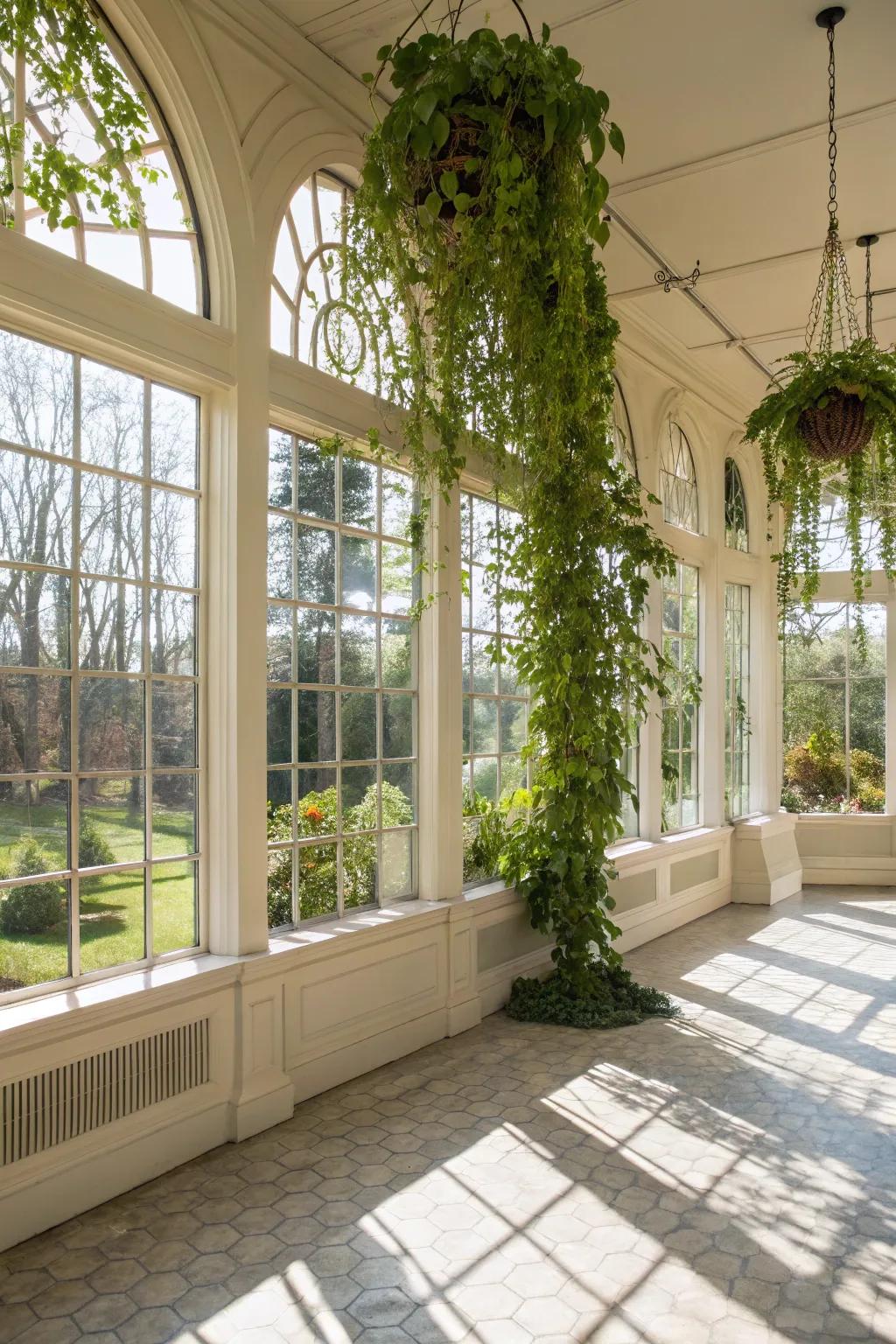 Bright sunroom with indoor trellis on arched windows.