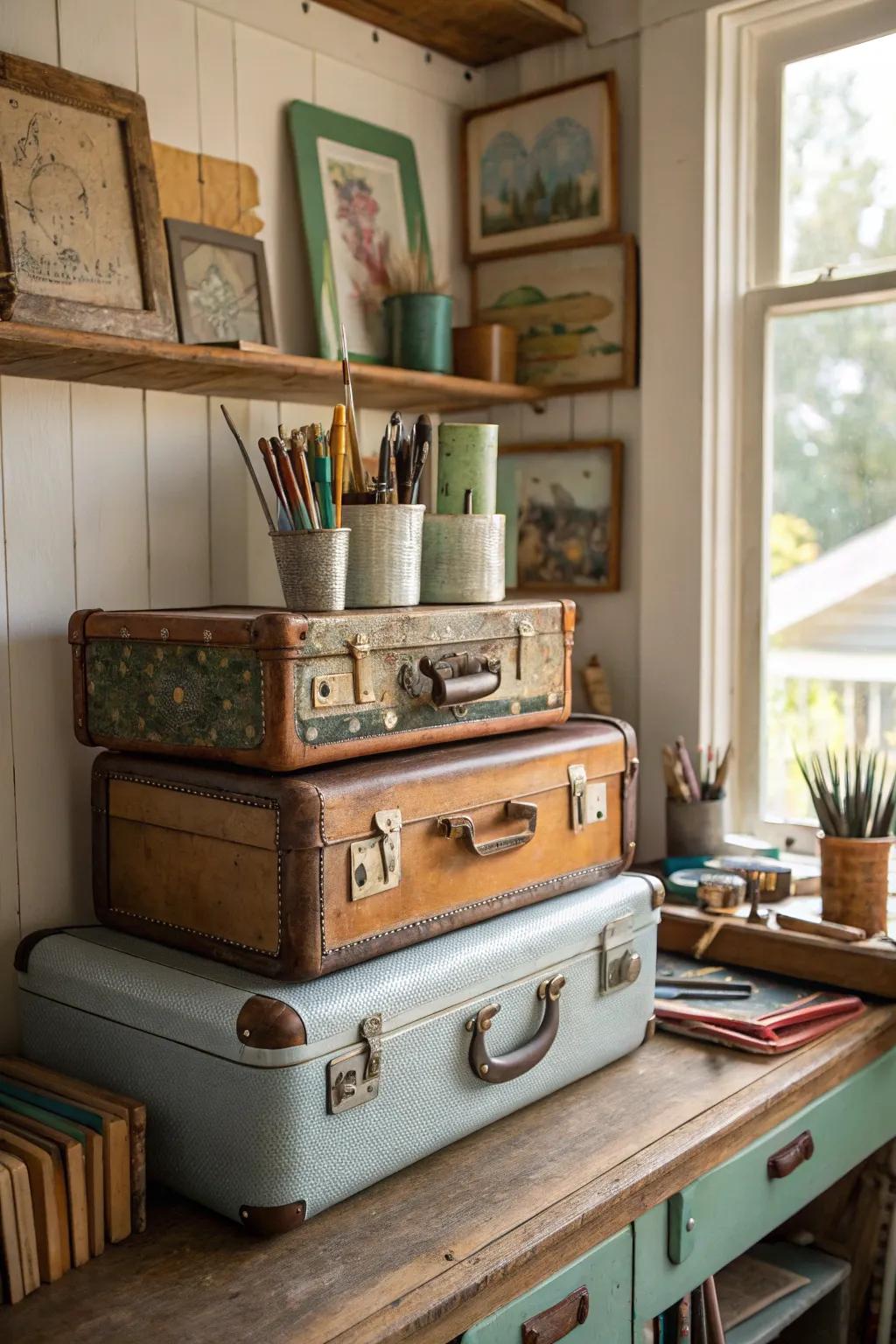 Vintage suitcases bring character and function to your art storage.