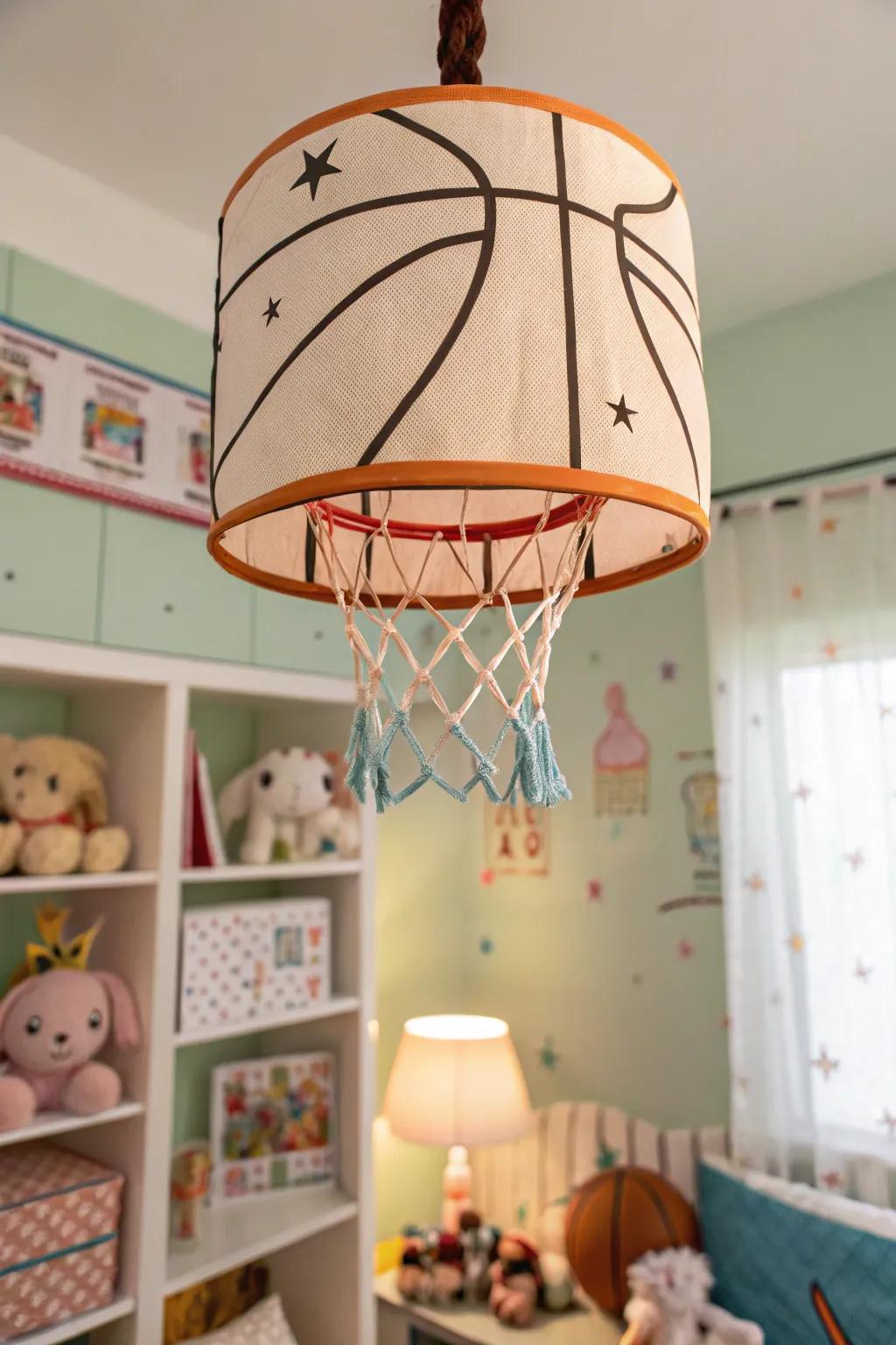Quirky sports lighting adds a unique touch to the nursery's ambiance.