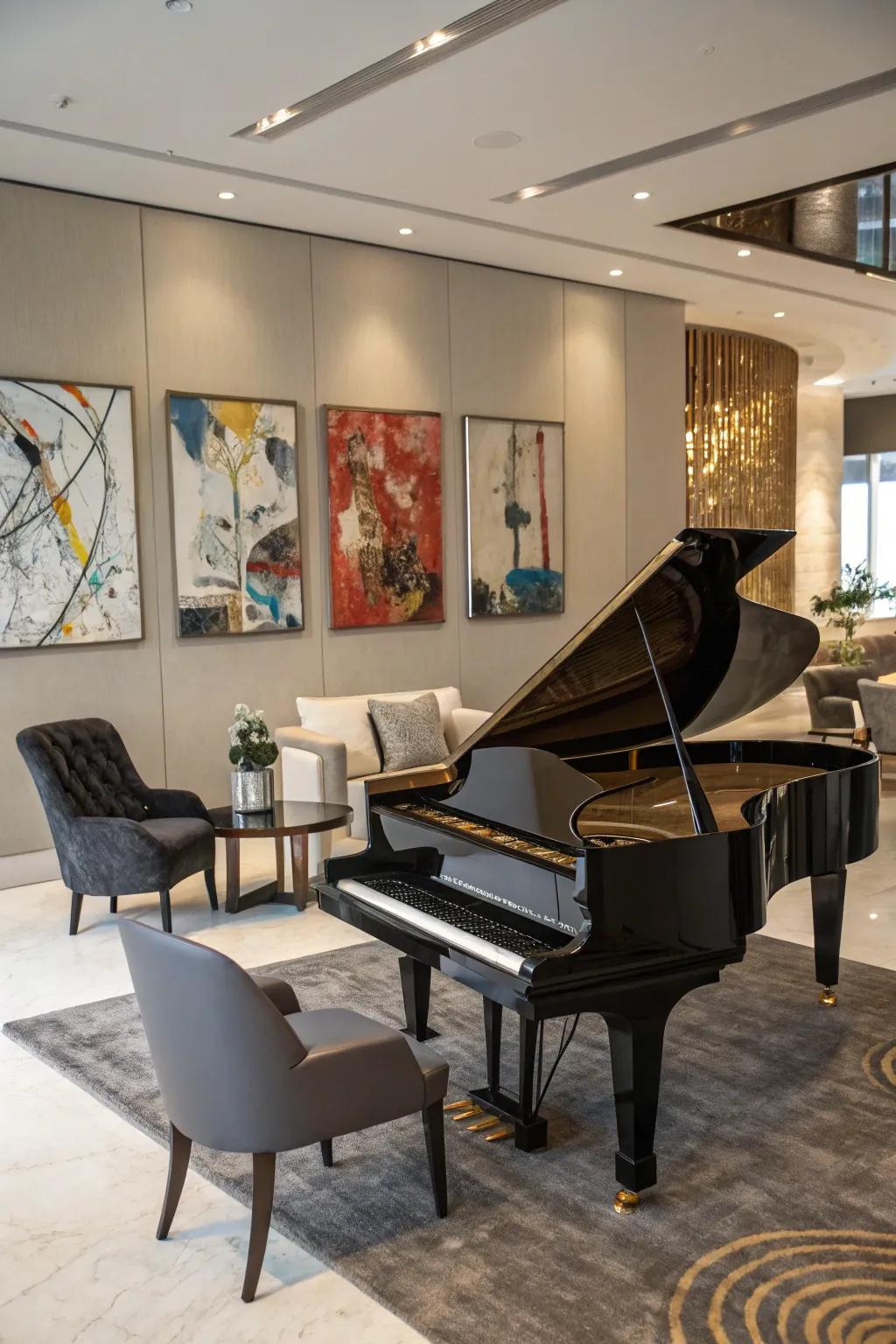 Modern complements create a contemporary vibe around the piano.
