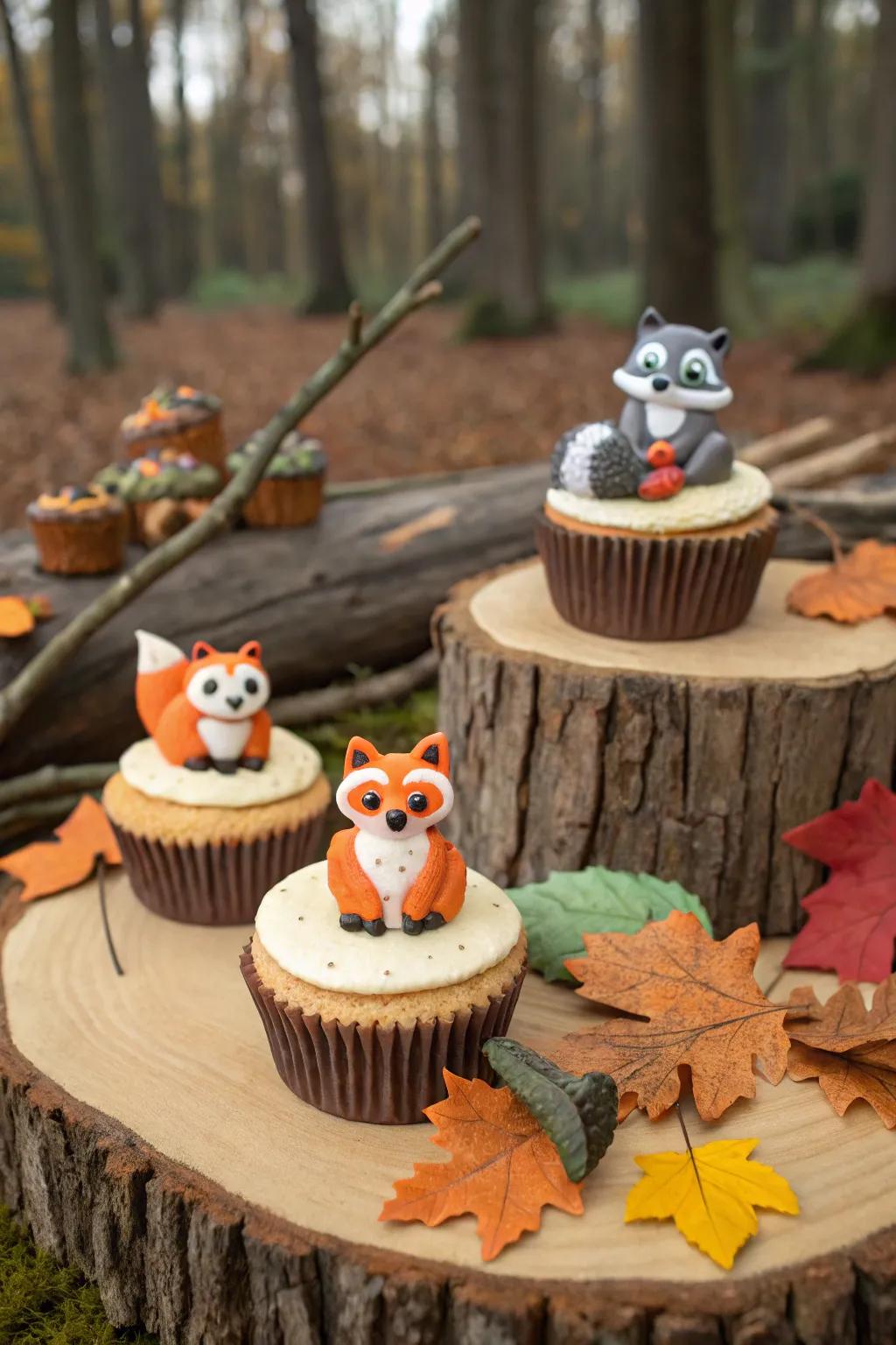 Cupcakes featuring forest creatures add charm to a rustic-themed shower.
