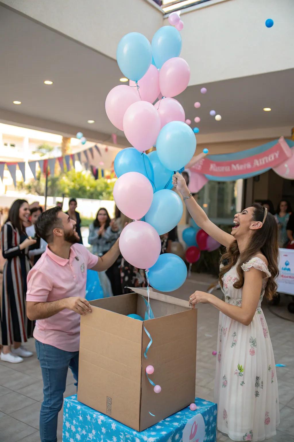 A gender reveal balloon container creates an exciting and memorable moment.