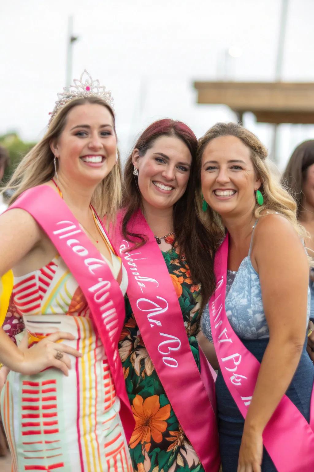 A cheerful group of women sporting customized sashes.