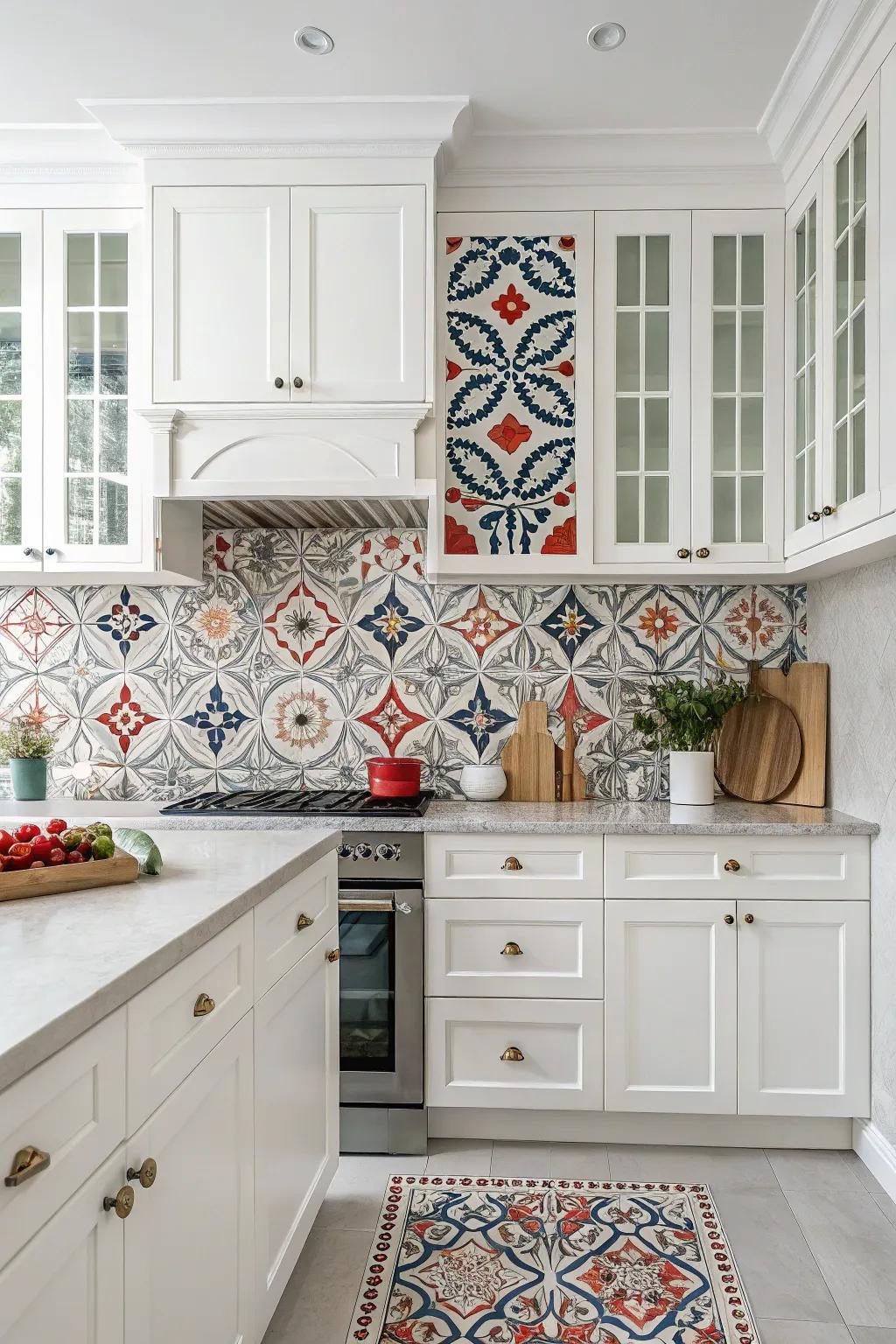 Daring patterns make the backsplash a focal point in this white kitchen.