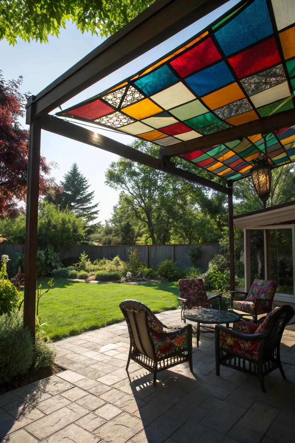 Fabricate artistic shadows with stained glass awnings.