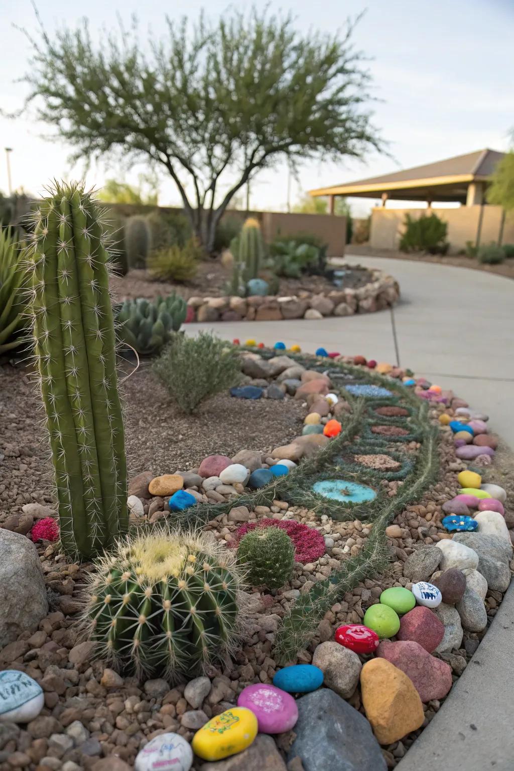 Stones of many colors surround the cacti, creating eye-catching patterns and textures.