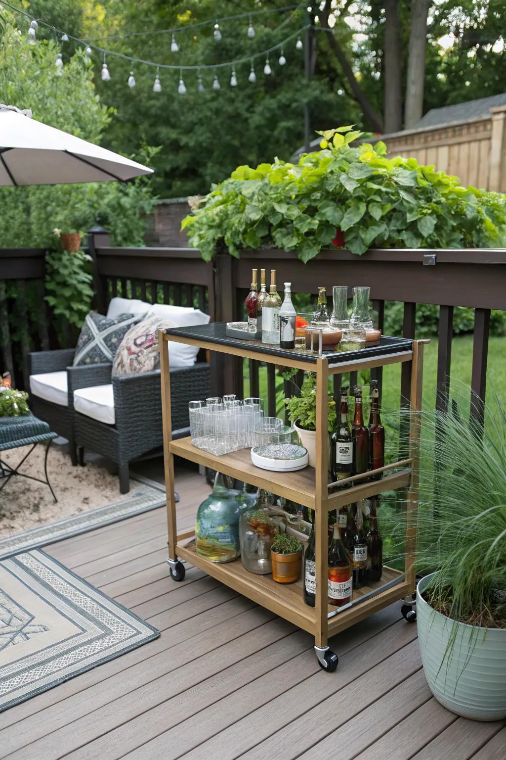 A DIY bar trolley adds a touch of elegance.