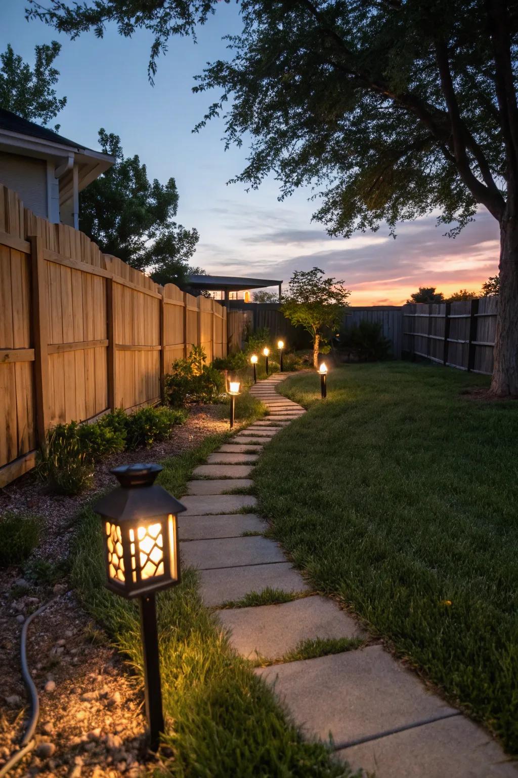 Powered lanterns brighten your garden, creating a snug evening setting.