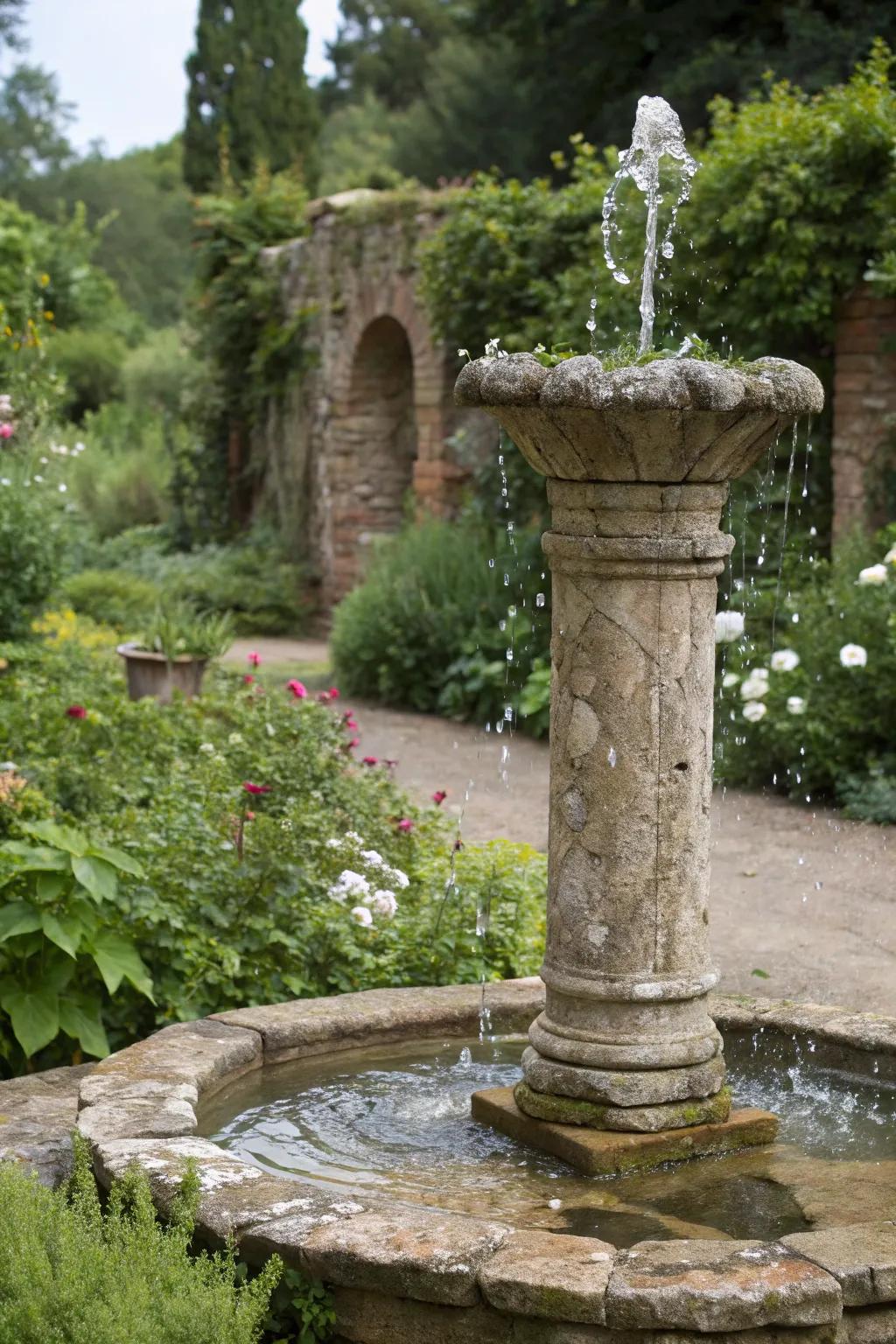 A solid stone fountain offers timeless elegance in a rustic setting.