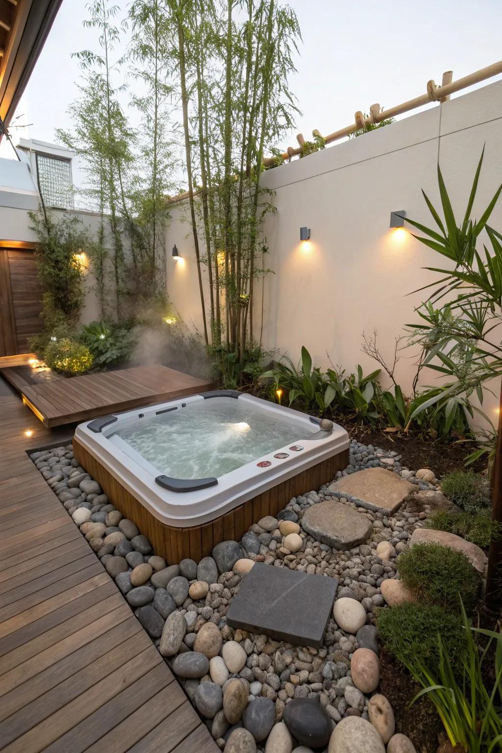 A Zen garden attaches peace and meditative beauty to your hot tub area.