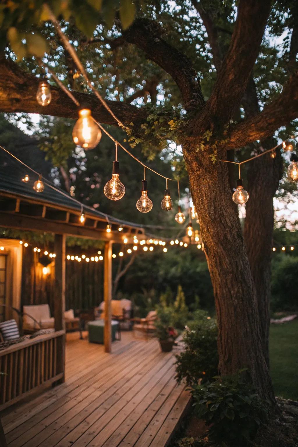 Hanging pixie lights add a whimsical surprise to your backyard.