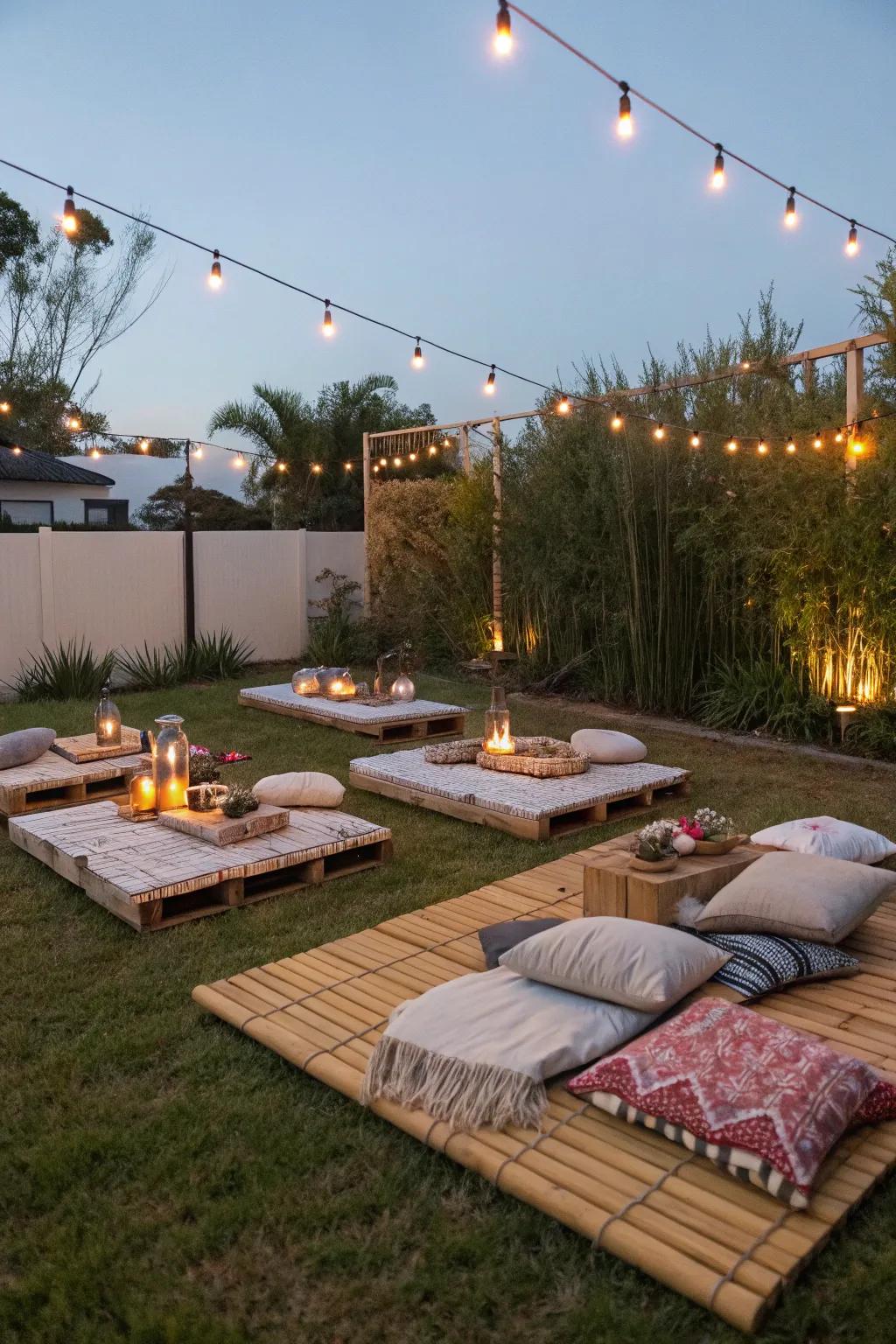 Bamboo mats fashion a serene and earthy seating arrangement.