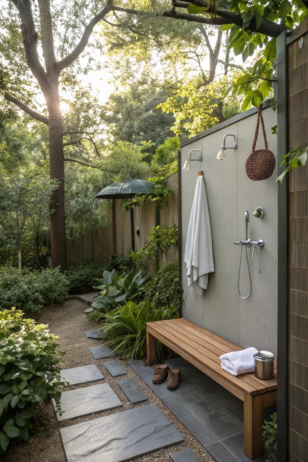 A functional outdoor shower area equipped with practical accessories.