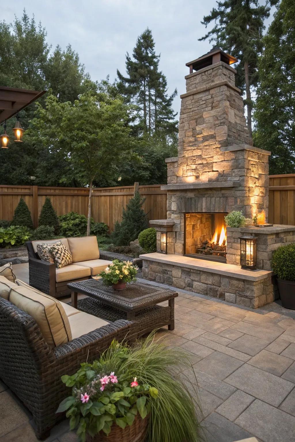 A stone fireplace provides warmth and a stunning focal point.