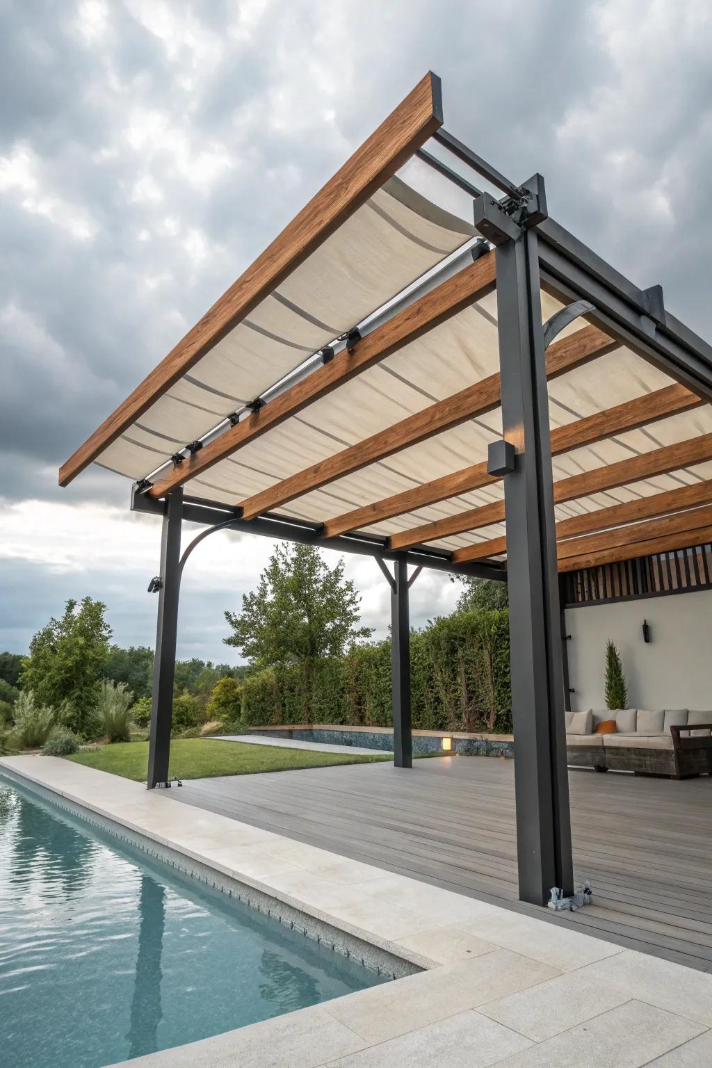 Layered materials bring surface and character to pergolas.