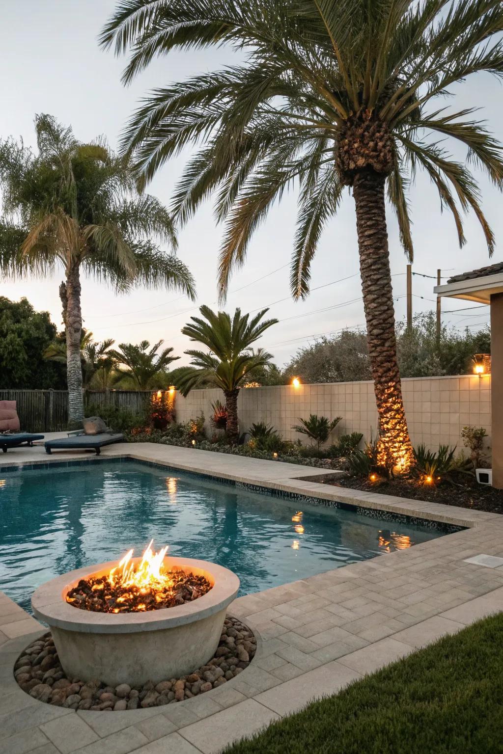 A fire pit creates a cozy evening gathering spot in a tropical setting.