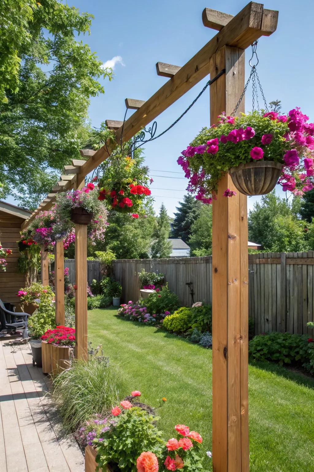 Create a vertical floral showcase with these hanging planter posts.