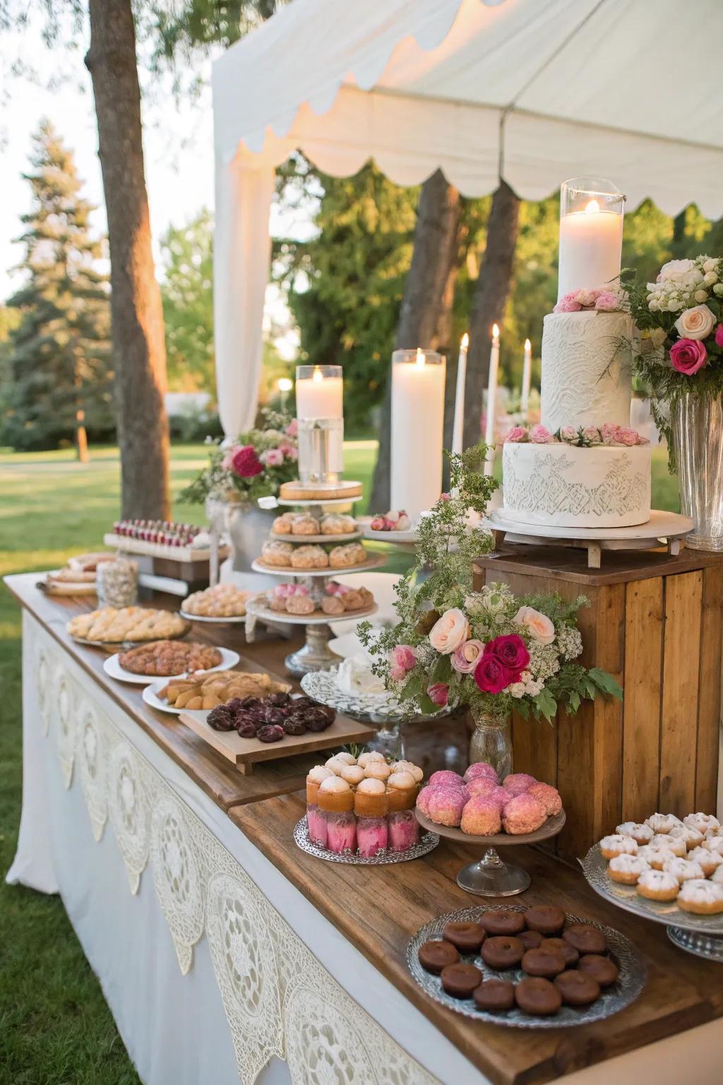 A custom dessert bar offers a tasty array of sweet treats for guests.