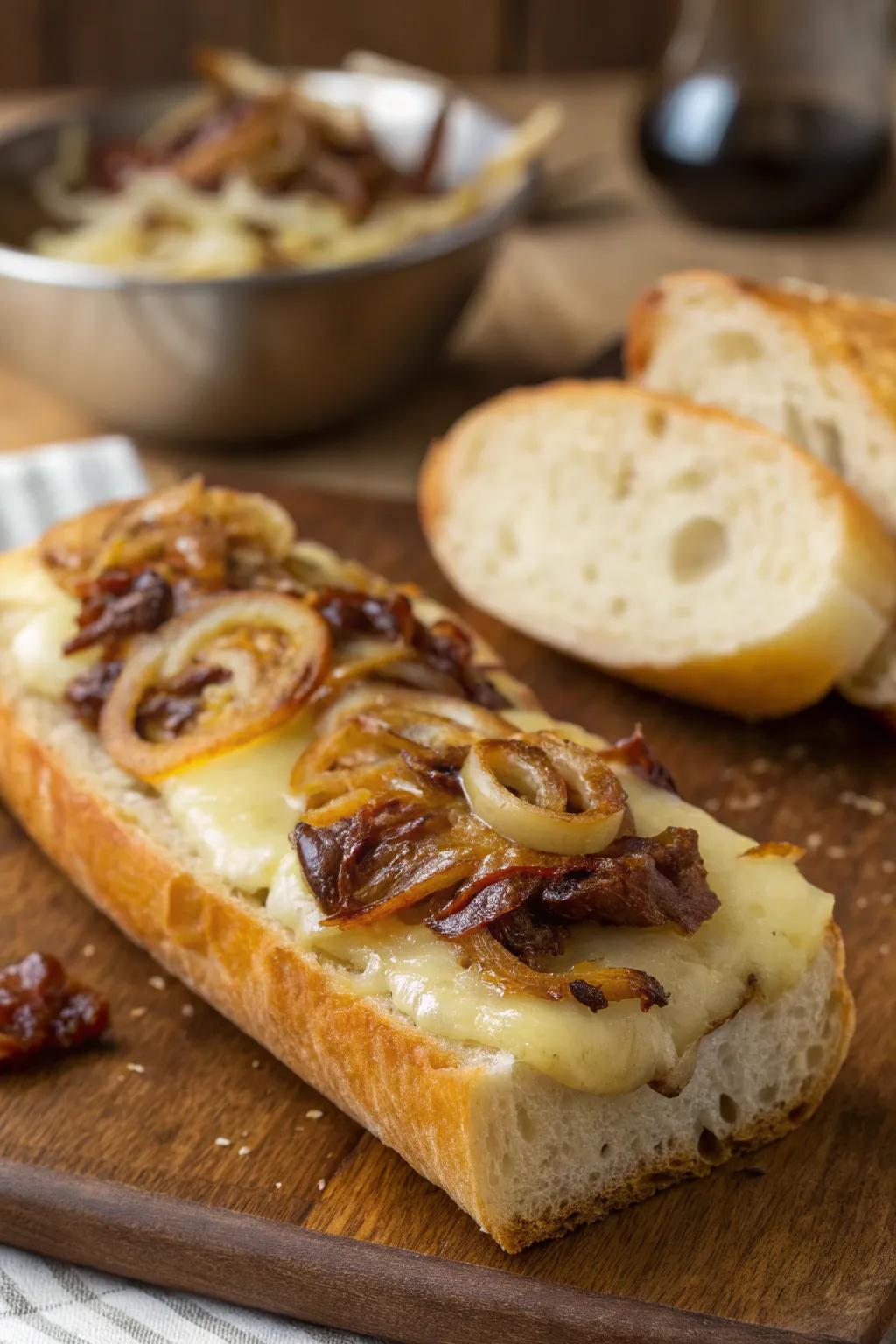Rich caramelized onions and Swiss Cheese on a French loaf.
