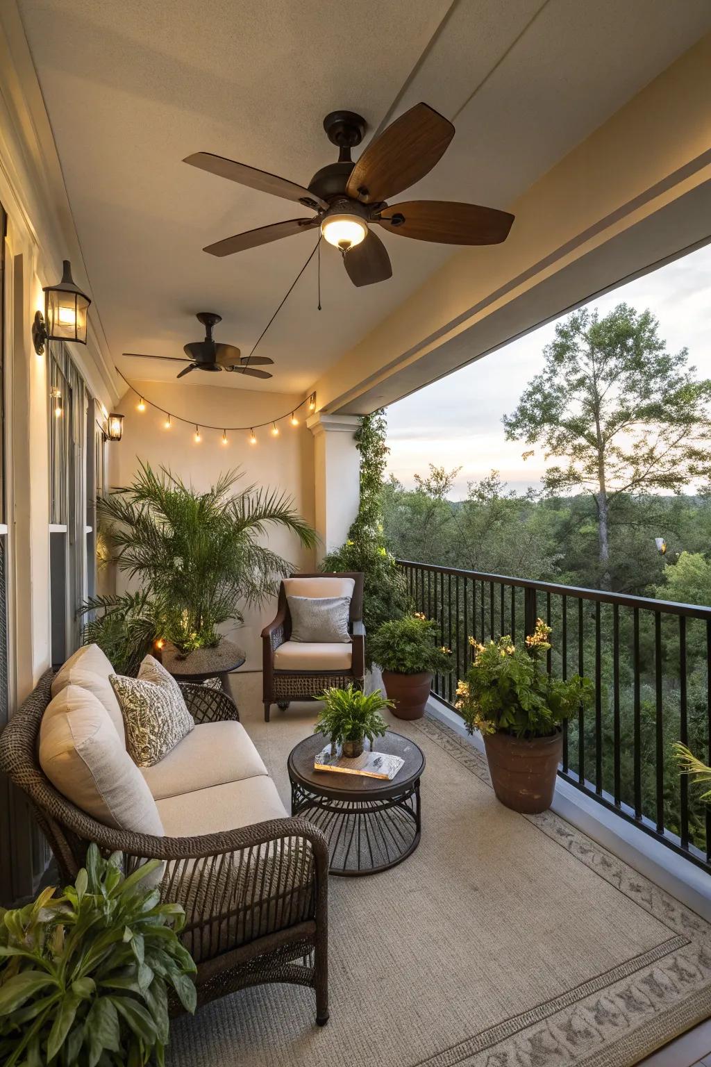 An overhead fan keeps your balcony cool and breezy on warm days.