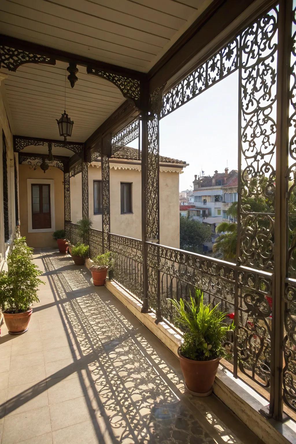 Intricate metal grilles casting shadows and providing shade on a balcony.