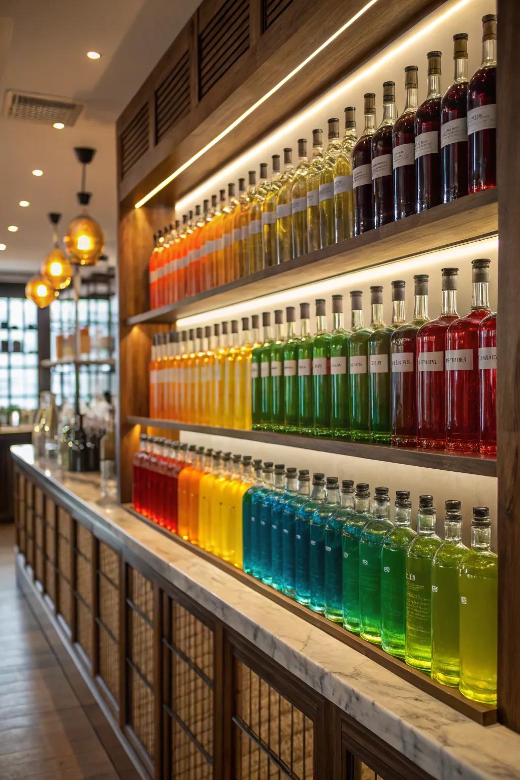 Color-coded shelves provide a visually stunning display.