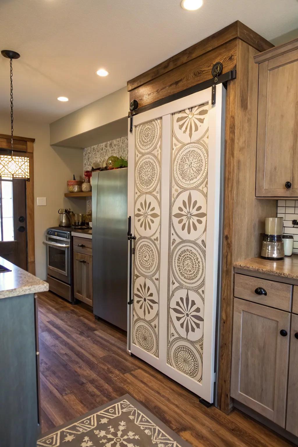 A kitchen featuring a sliding barn door pantry decorated with stenciled designs.