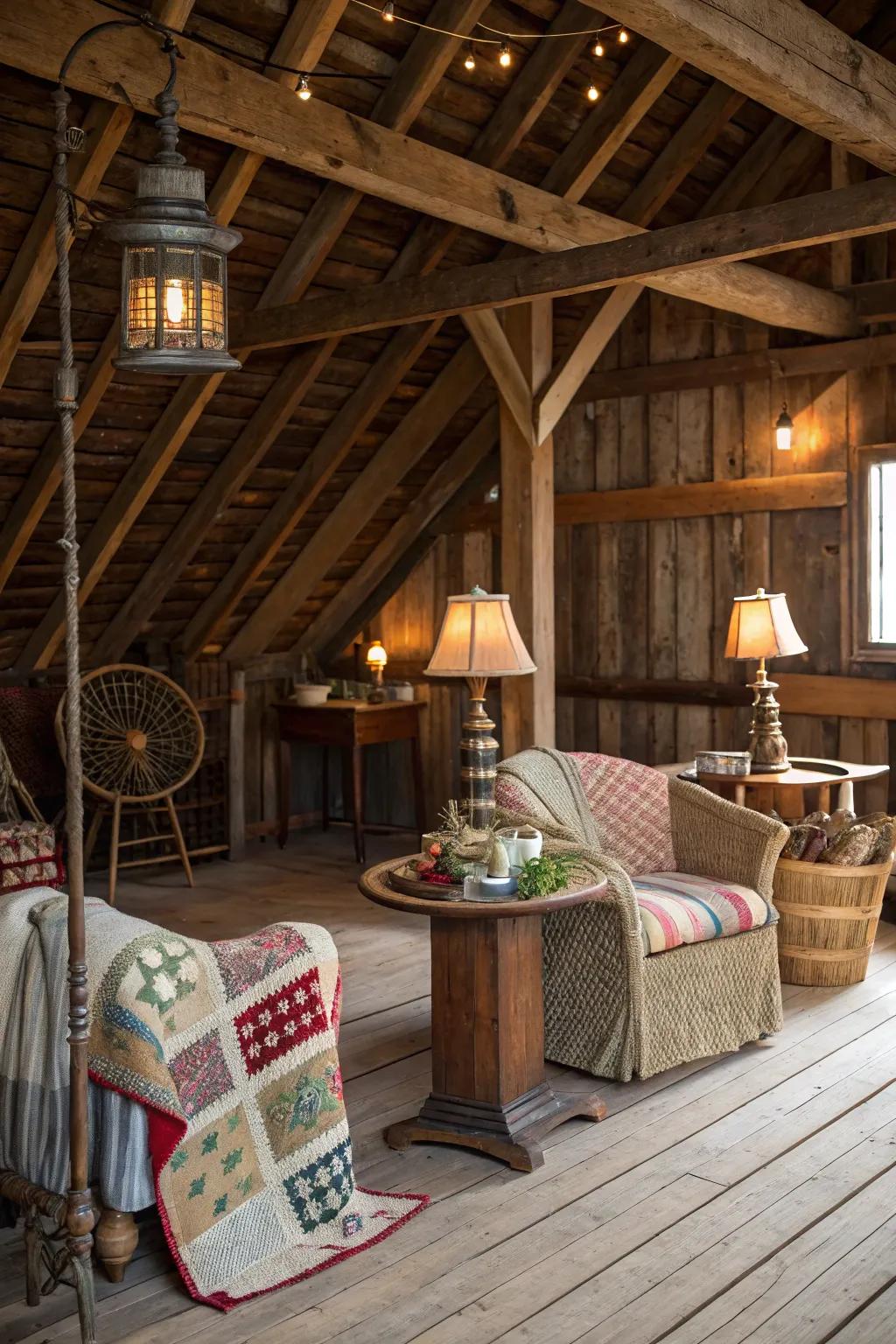 A barn loft enriched with old finds, offering charm and uniqueness.