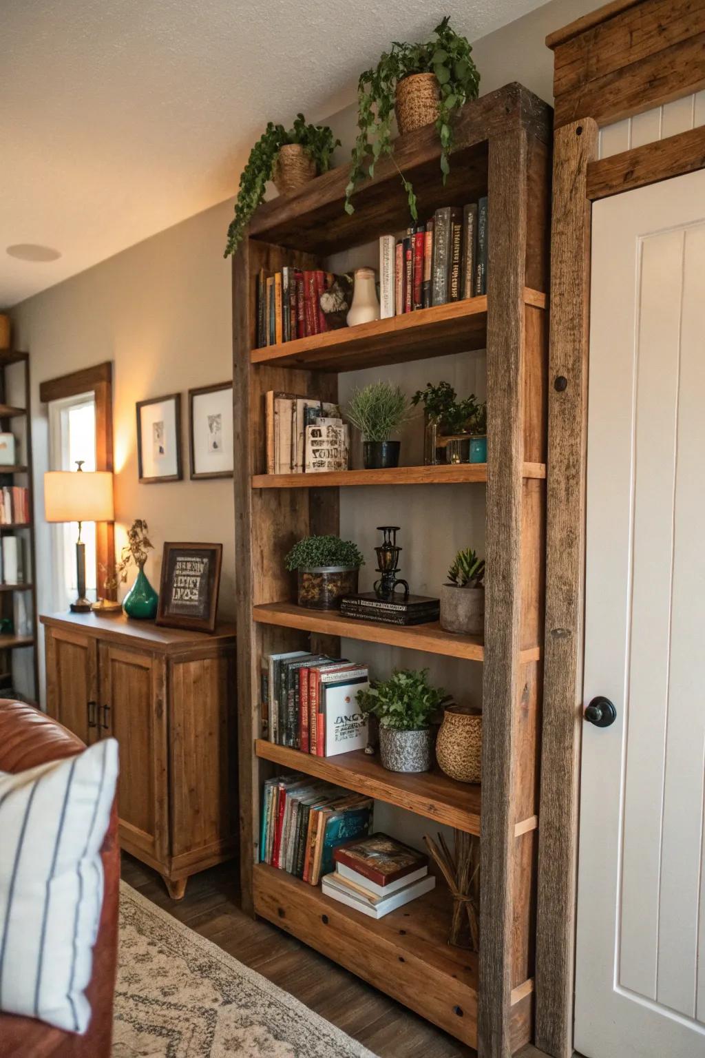 Incorporate functional elegance with barn wood shelves.