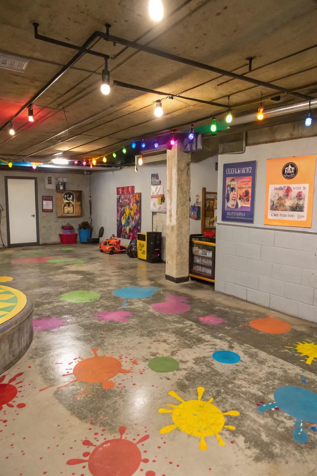 Color variations in concrete floors add interest and a playful element to basement spaces.