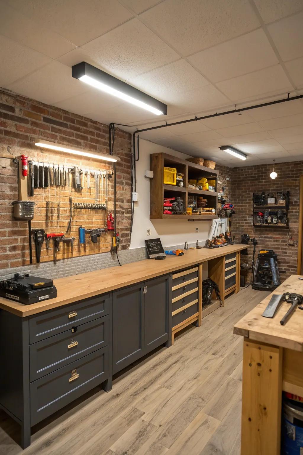 A functional workshop within the basement offering generous counter space as well as tool storage.