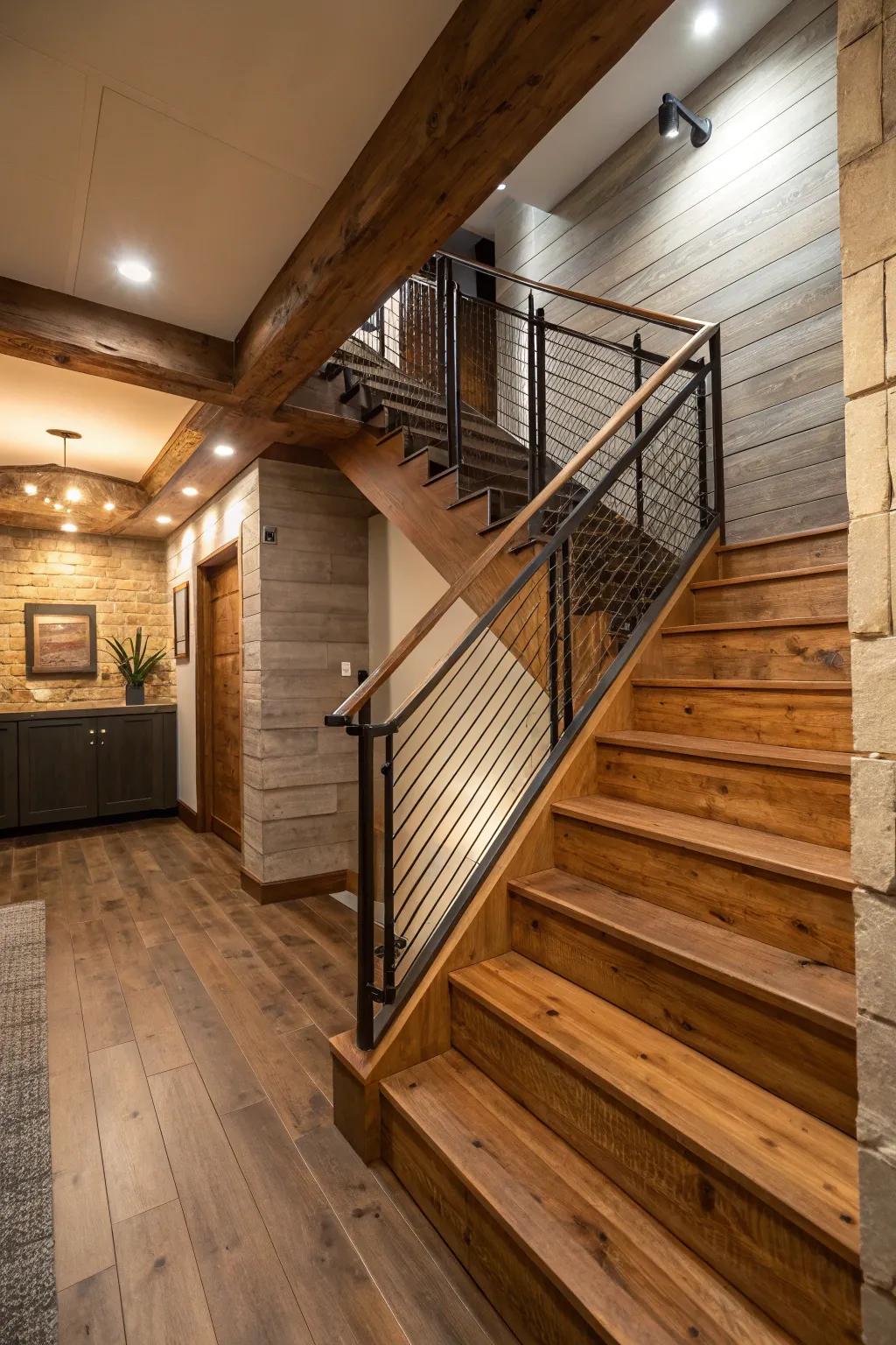 A fusion of lumber and steel creates a harmonious and stylish stairway.
