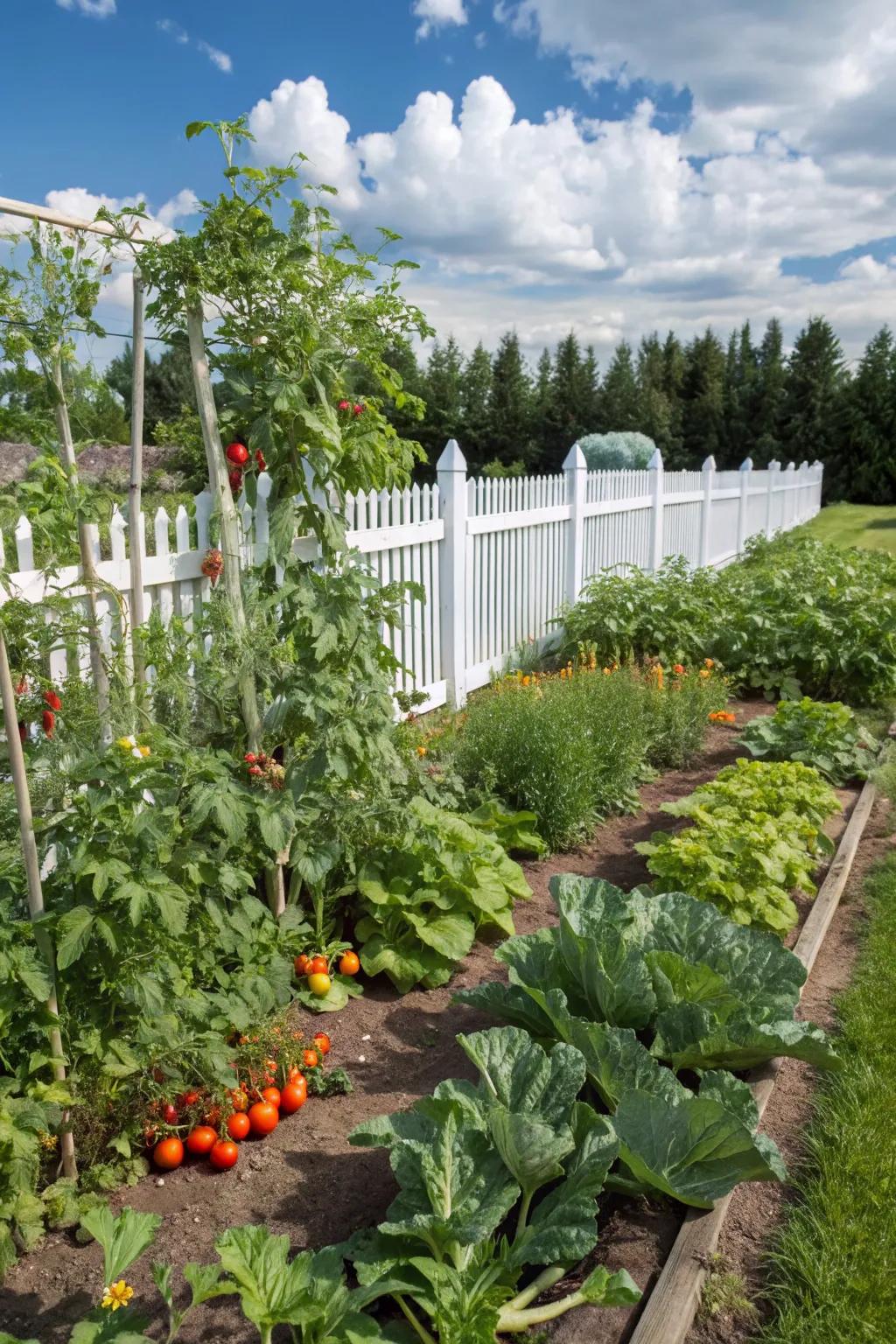 A vegetable patch offers fresh produce and lush greenery.